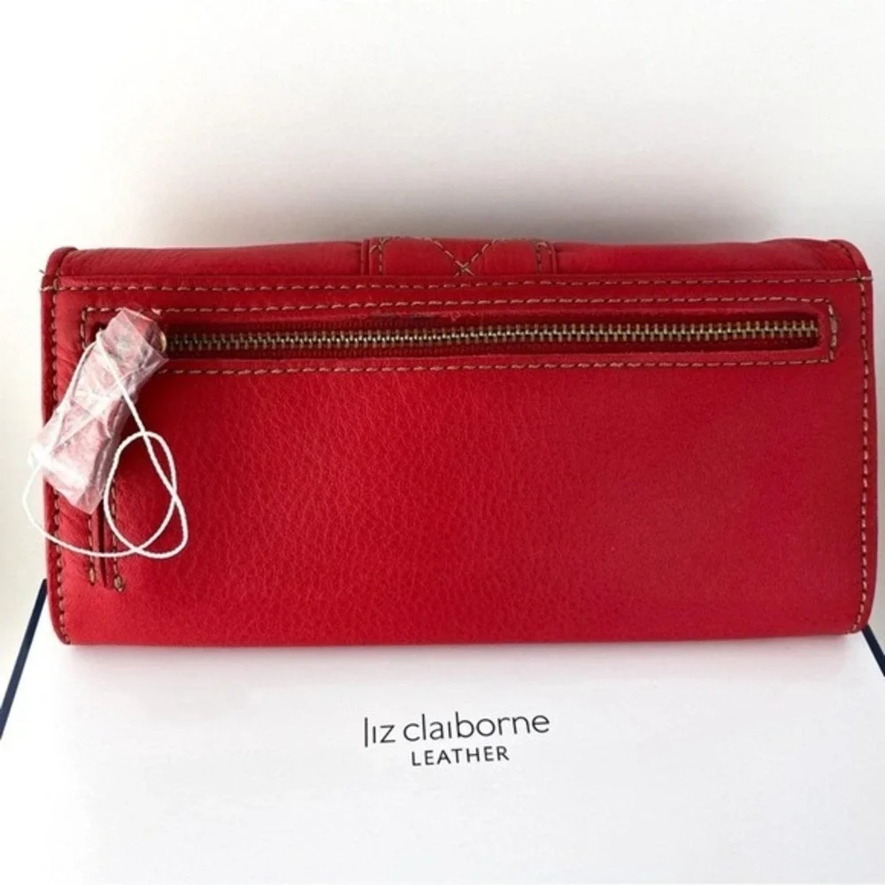 VTG Retro Liz Claiborne Pleated Pebbled Leather Wallet Clutch Red Quilted NIB